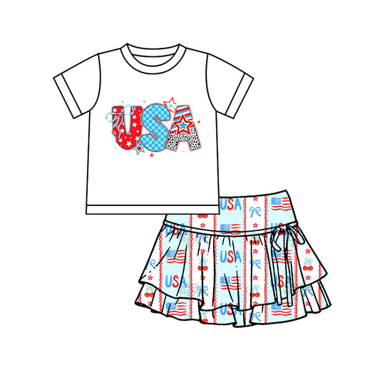 Pre-sale Baby Girl USA Bows Top Yoga Active Skirt Shorts July 4th Clothes Set GSD3745