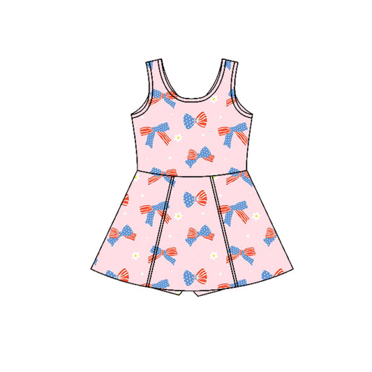GSD3748 Preorder Baby Girl Pink Flower Flag Bows Yoga Active July 4th Shorts Knee Length Dress