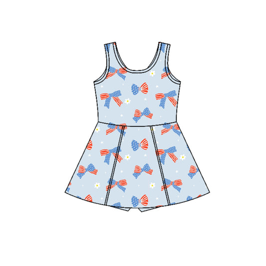 GSD3749 Preorder Baby Girl Blue Flower Flag Bows Yoga Active July 4th Shorts Knee Length Dress