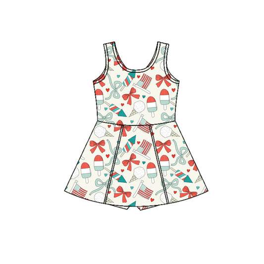 GSD3750 Preorder Baby Girl Popsicle Flag Bows Yoga Active July 4th Shorts Knee Length Dress