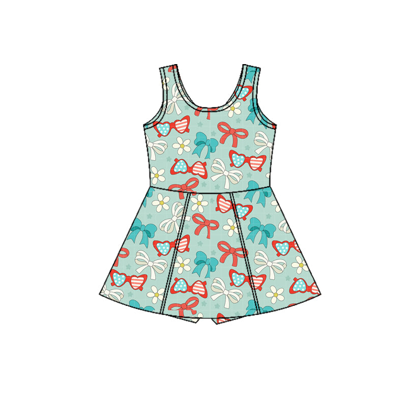 GSD3751 Preorder Baby Girl Flower Glass Bows Yoga Active July 4th Shorts Knee Length Dress