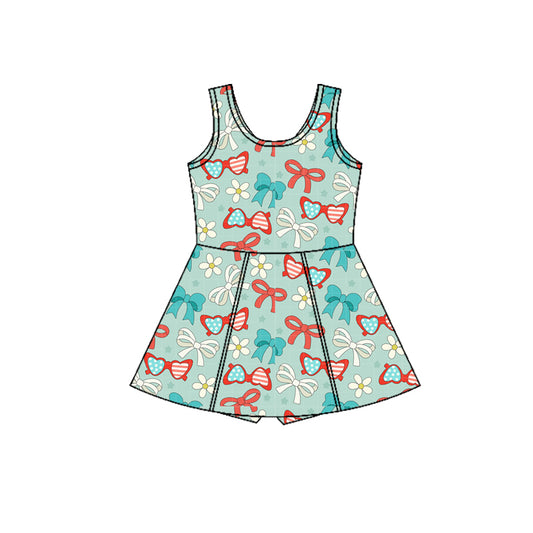 GSD3751 Preorder Baby Girl Flower Glass Bows Yoga Active July 4th Shorts Knee Length Dress