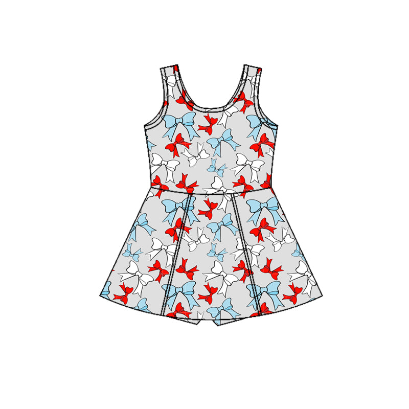 GSD3752 Preorder Baby Girl Red Blue Bows Yoga Active July 4th Shorts Knee Length Dress