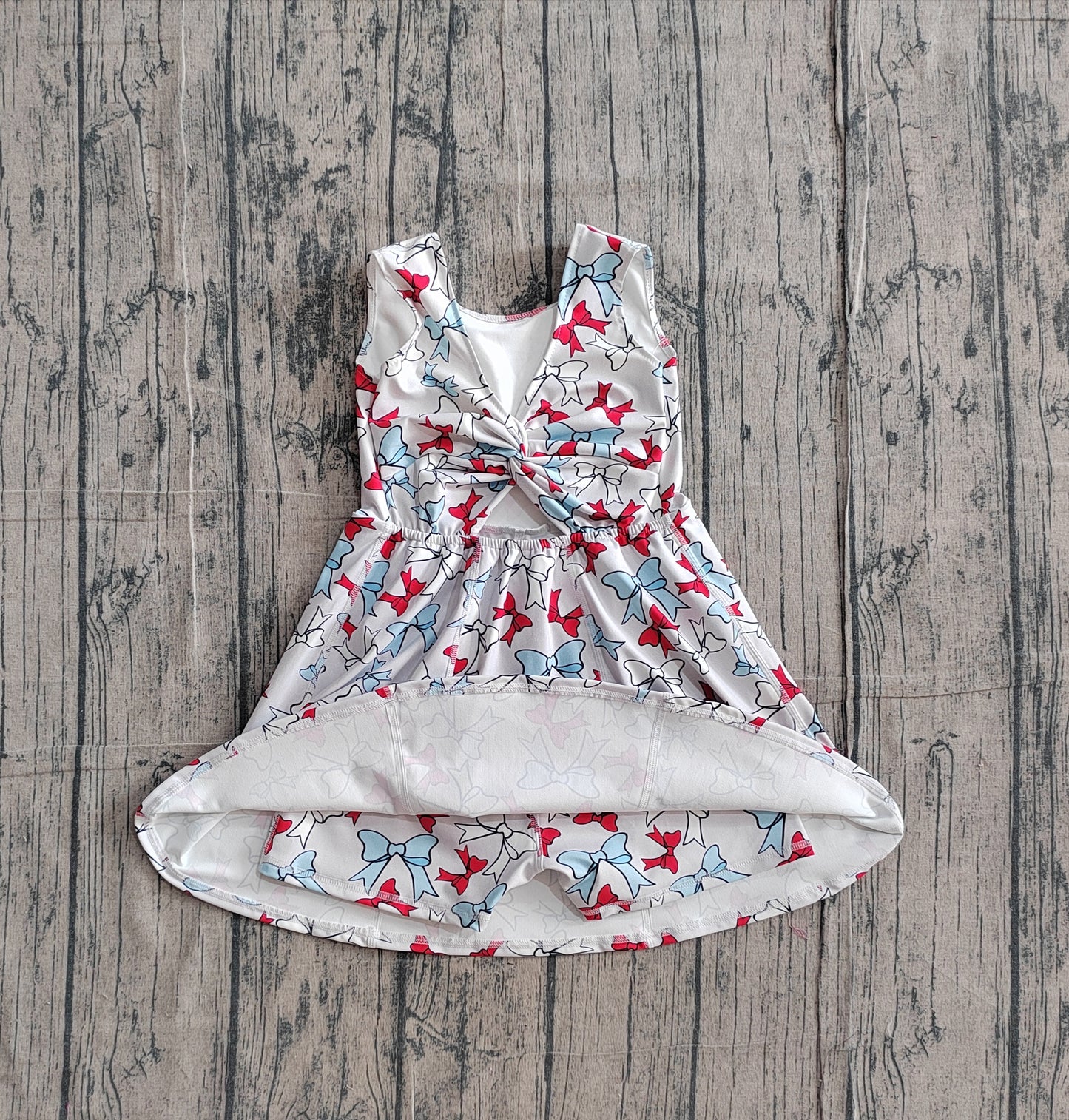 GSD3752 Preorder IRL Baby Girl Red Blue Bows Yoga Active 4th of July Shorts Knee Length Dress