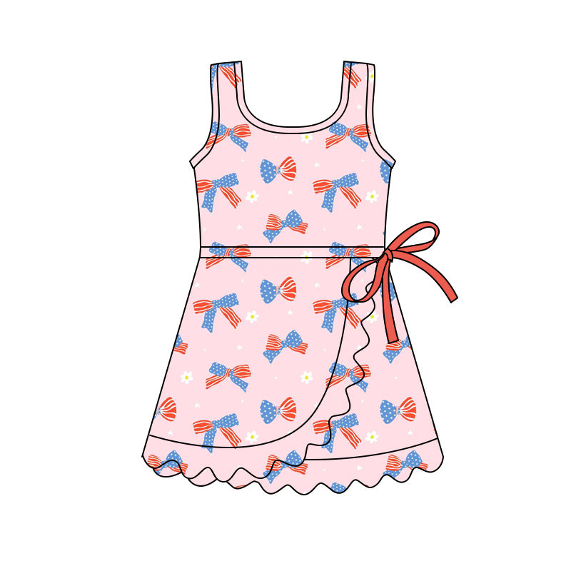 GSD3753 Preorder Baby Girl Pink Flower Bows Athletic Active July 4th Scallop Shorts Knee Length Dress