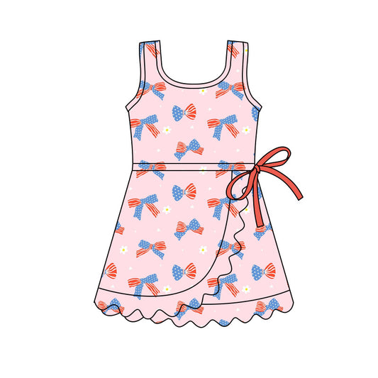 GSD3753 Preorder Baby Girl Pink Flower Bows Athletic Active July 4th Scallop Shorts Knee Length Dress
