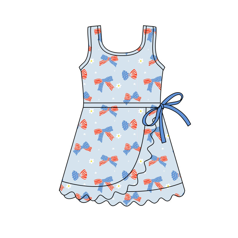 GSD3754 Preorder Baby Girl Blue Flower Bows Athletic Active July 4th Scallop Shorts Knee Length Dress