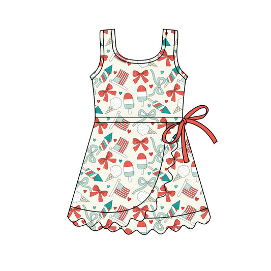 GSD3755 Preorder Baby Girl Flowers Bows Athletic Active July 4th Scallop Shorts Knee Length Dress