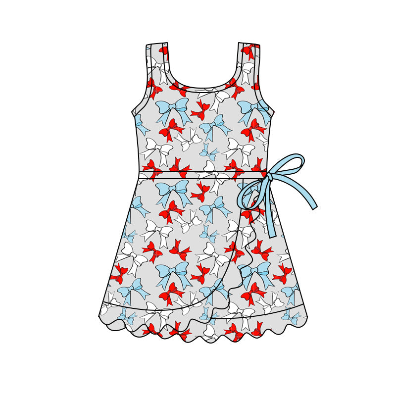 GSD3757 Preorder Baby Girl Red Blue Bows Athletic Active July 4th Scallop Shorts Knee Length Dress