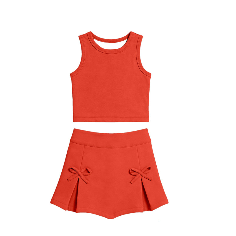 GSD3759 Preorder Baby Girl Orange Vest Top Bows Skirt Shorts Athletic Active Clothes Set