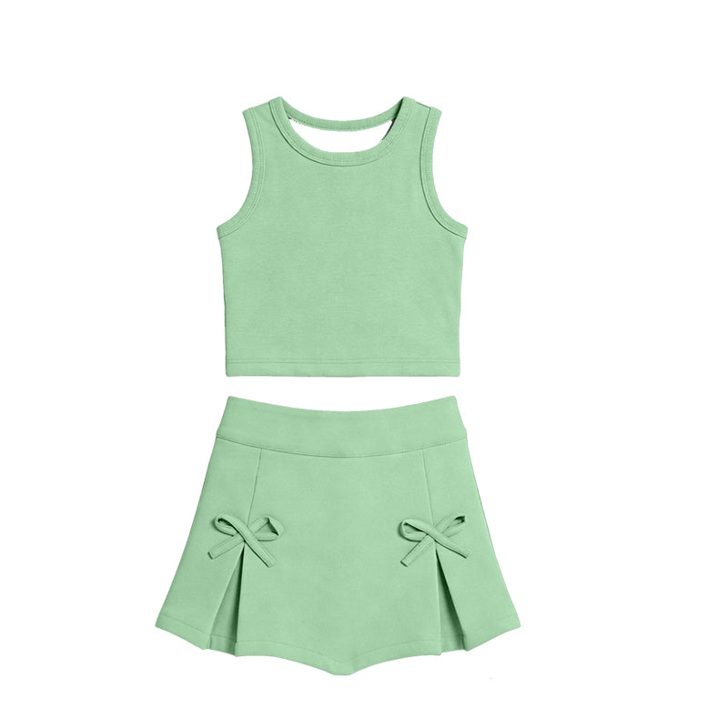 GSD3760 Preorder Baby Girl Green Ves Top Bows Skirt Shorts Athletic Active Clothes Set