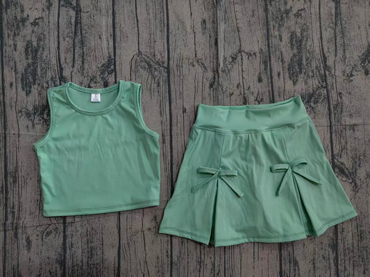 GSD3760 Preorder Sample Baby Girls Green Vest Top Bows Skirt Shorts Yoga Active Clothes Set