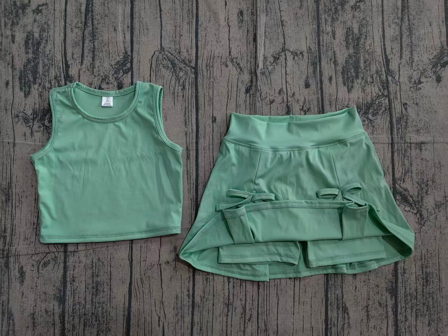 GSD3760 Preorder Sample Baby Girls Green Vest Top Bows Skirt Shorts Yoga Active Clothes Set