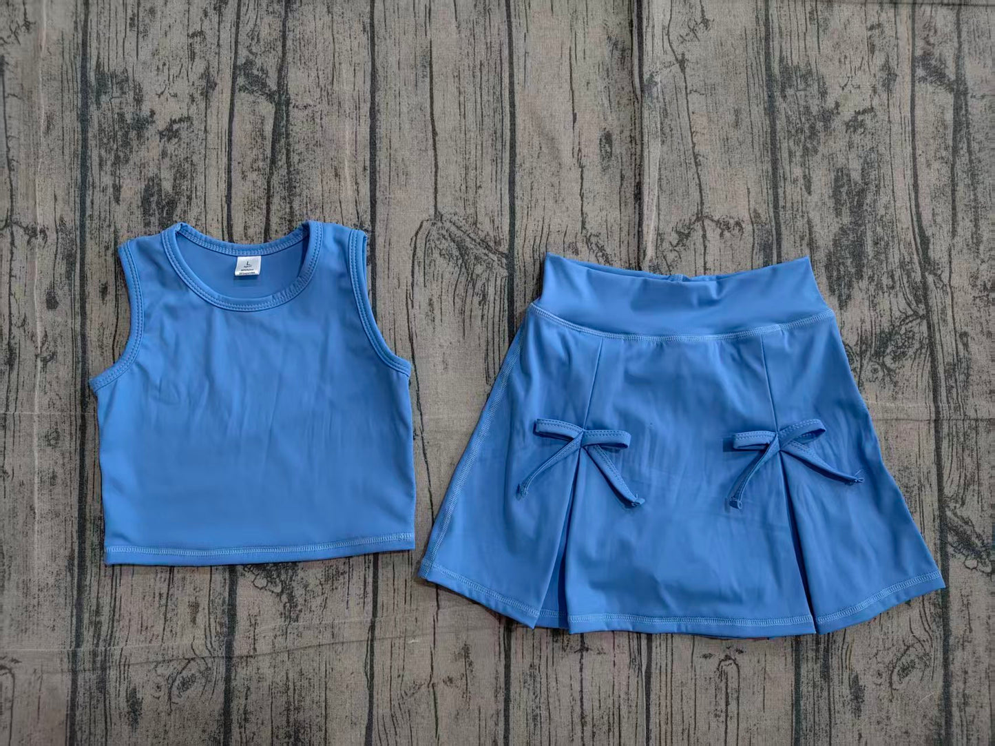 GSD3761 Preorder Sample Baby Girls Blue Vest Top Bows Skirt Shorts Yoga Active Clothes Set