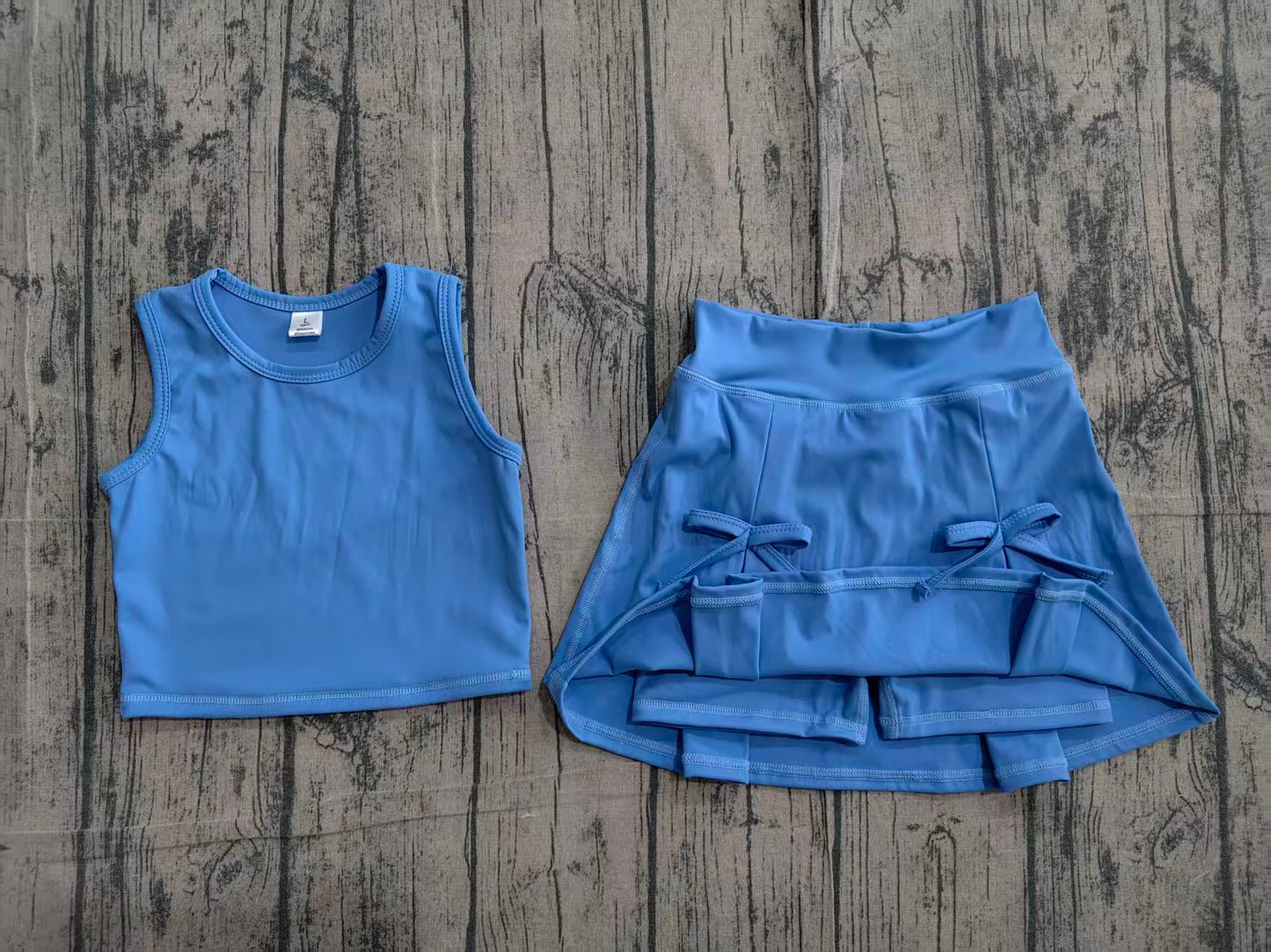GSD3761 Preorder Sample Baby Girls Blue Vest Top Bows Skirt Shorts Yoga Active Clothes Set