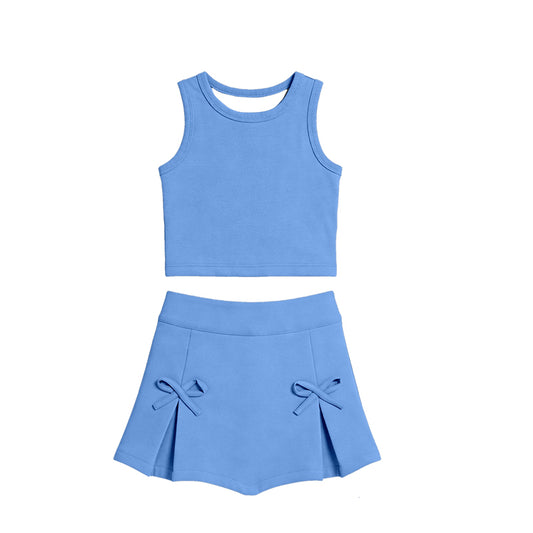 GSD3761 Preorder Baby Girl Blue Ves Top Bows Skirt Shorts Athletic Active Clothes Set