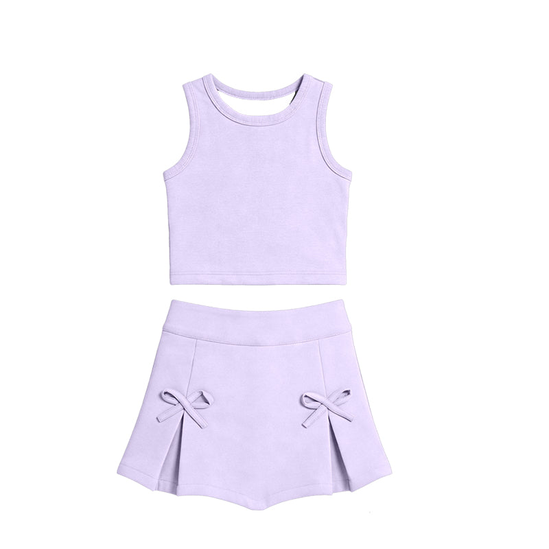 GSD3762 Preorder Baby Girl Lavender Ves Top Bows Skirt Shorts Athletic Active Clothes Set