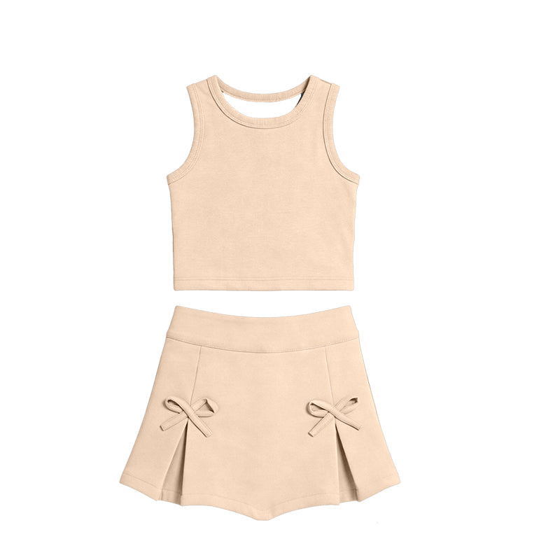 GSD3763 Preorder Baby Girl Peach Ves Top Bows Skirt Shorts Athletic Active Clothes Set