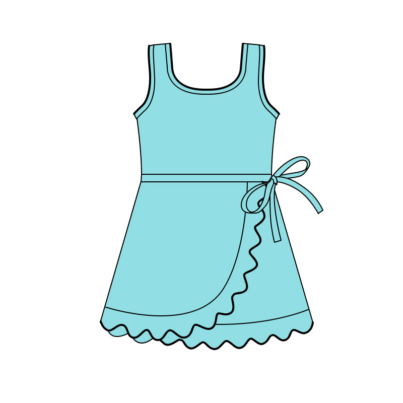 GSD3768 Preorder Baby Girl Blue Sleeveless Athletic Active Scallop Shorts Knee Length Dresses