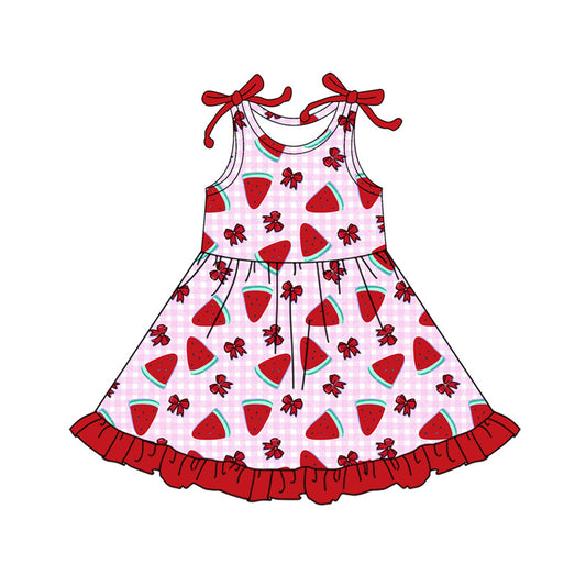 GSD3770 Preorder Baby Girl Pink Checked Bows Strawberry Ruffle Knee Length Dresses
