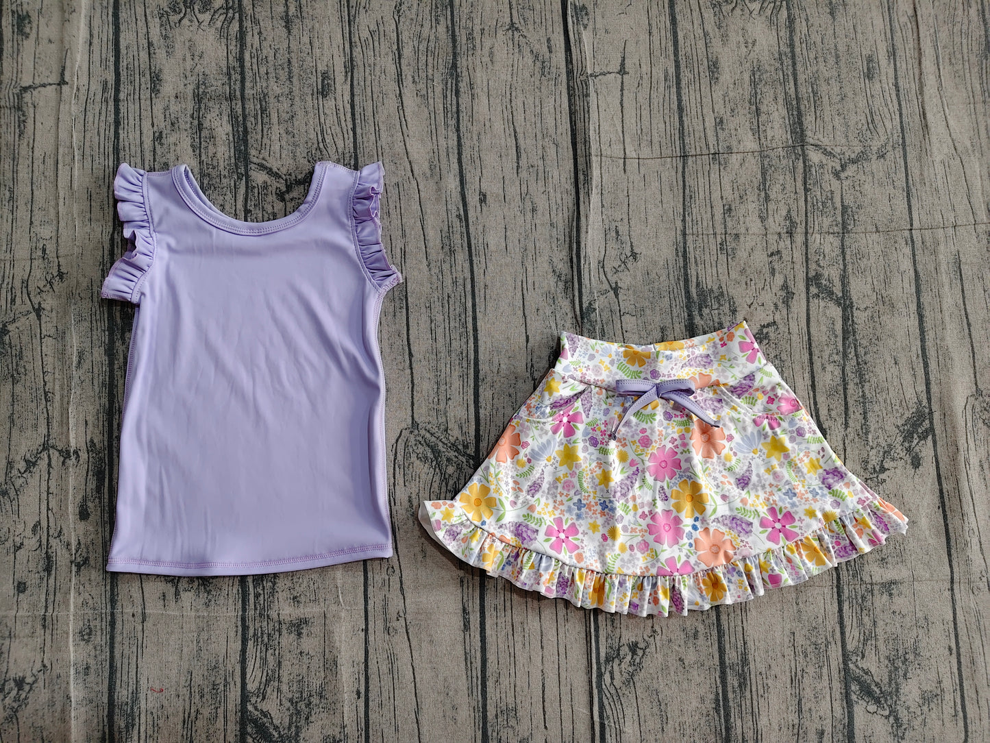 GSD3771 Preorder Sample Baby Girl Purple Vest Colorful Floral Pockets Scallop Skirt Short Yoga Active Clothes Set