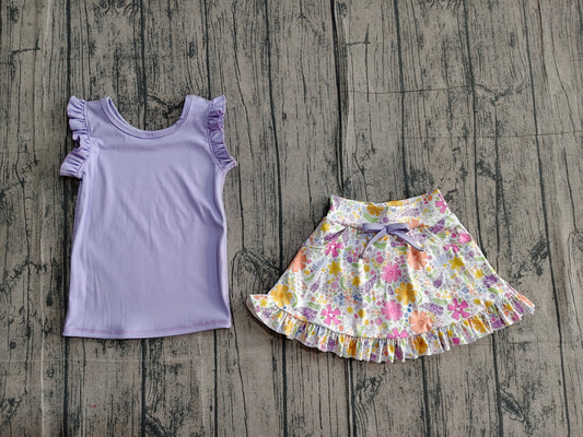 GSD3771 Preorder Sample Baby Girl Purple Vest Colorful Floral Pockets Scallop Skirt Short Yoga Active Clothes Set