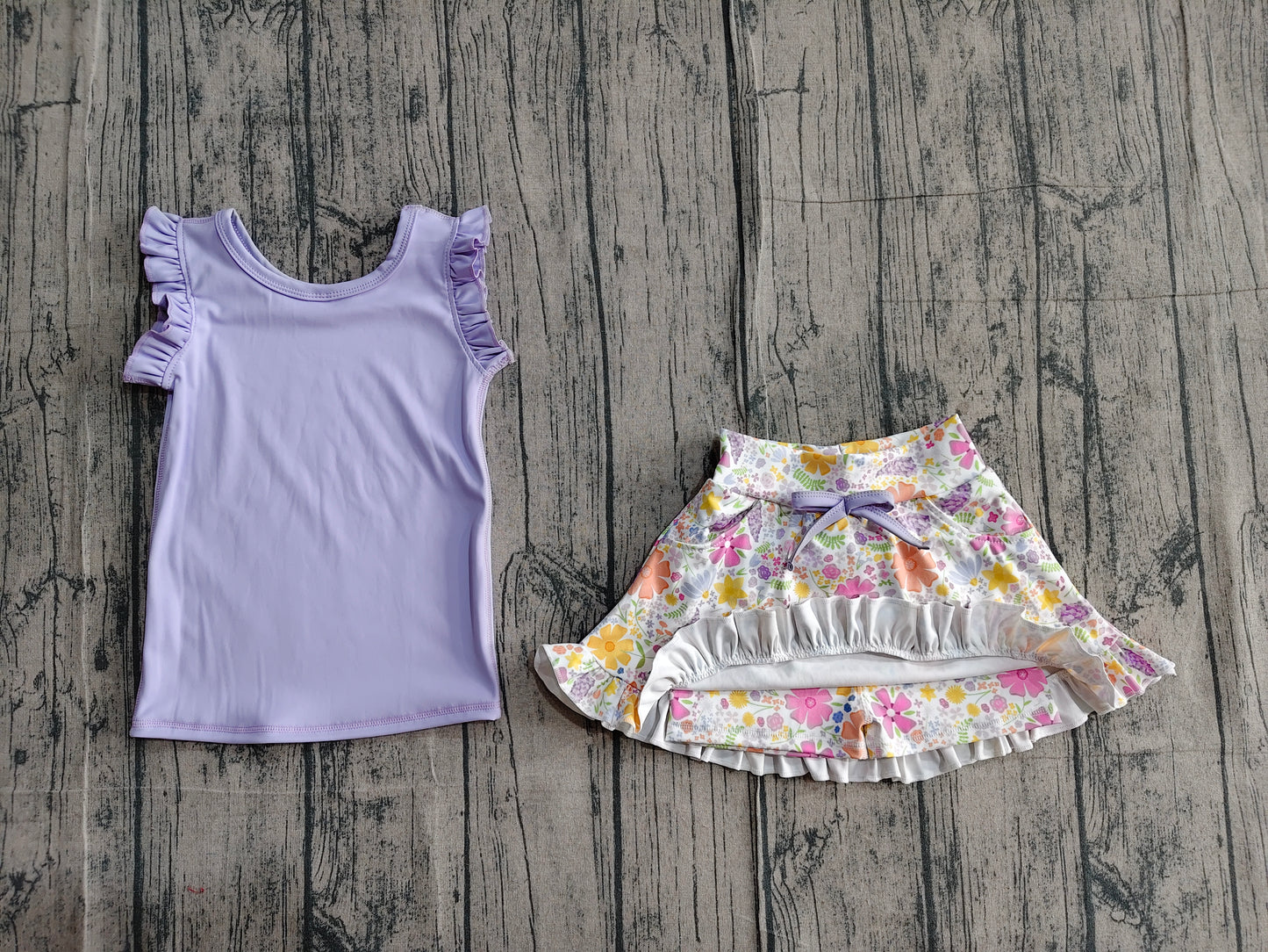 GSD3771 Preorder Sample Baby Girl Purple Vest Colorful Floral Pockets Scallop Skirt Short Yoga Active Clothes Set