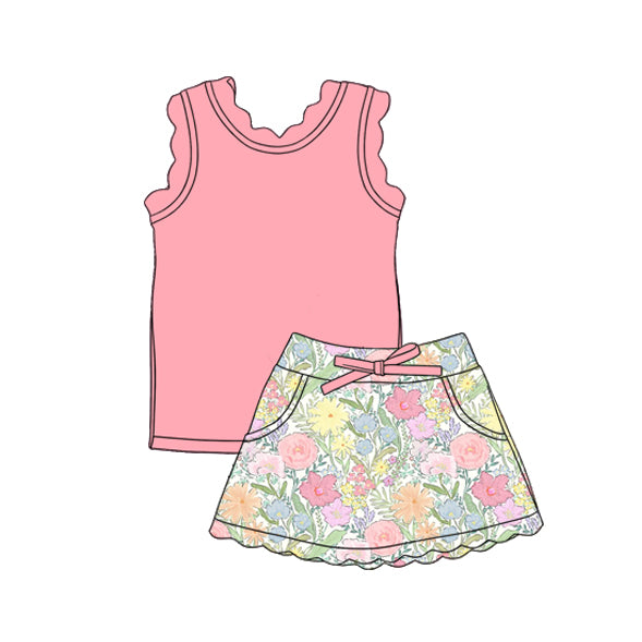 GSD3772  Preorder Baby Girl Peach Vest Colorful Floral Pockets Scallop Skirt Short Yoga Active Clothes Set