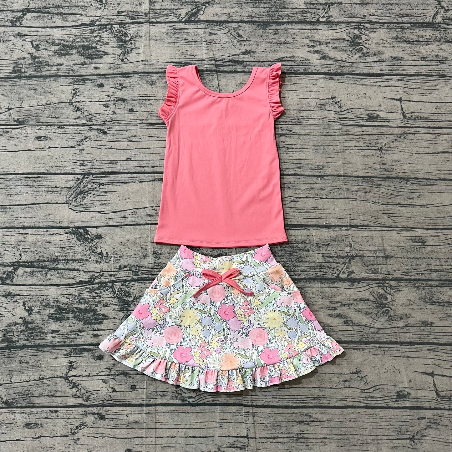 GSD3772 Preorder Sample Baby Girls Peach Vest Colorful Floral Pockets Skirt Short Yoga Active Clothes Set