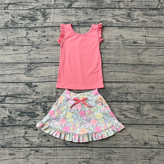 GSD3772 Preorder Sample Baby Girls Peach Vest Colorful Floral Pockets Skirt Short Yoga Active Clothes Set