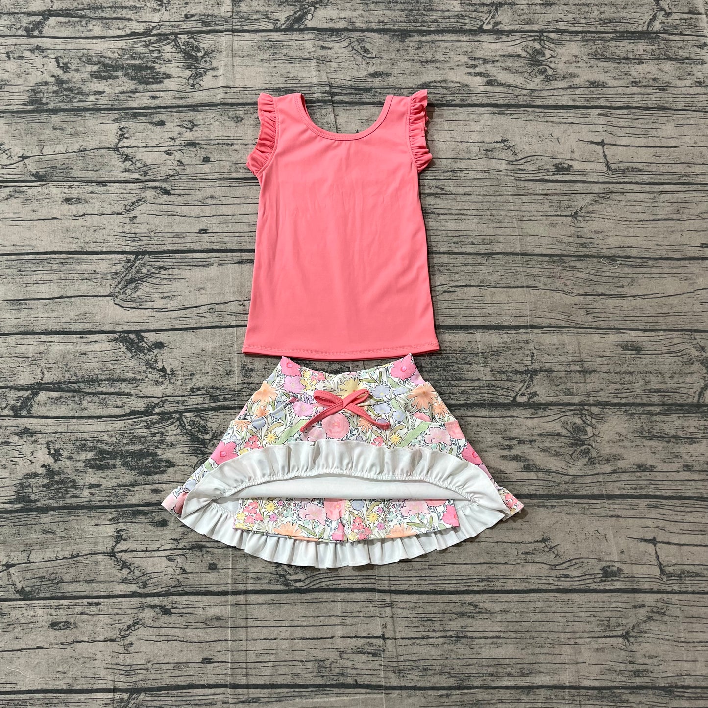 GSD3772 Preorder Sample Baby Girls Peach Vest Colorful Floral Pockets Skirt Short Yoga Active Clothes Set