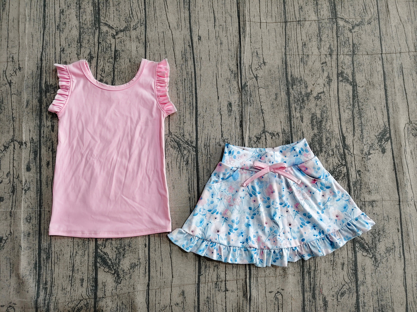 GSD3773 Preorder Sample Baby Girl Pink Vest Colorful Floral Pockets Scallop Skirt Short Yoga Active Clothes Set