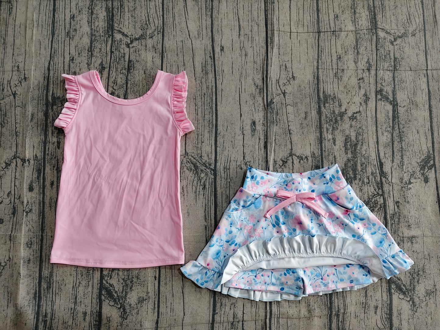 GSD3773 Preorder Sample Baby Girl Pink Vest Colorful Floral Pockets Scallop Skirt Short Yoga Active Clothes Set