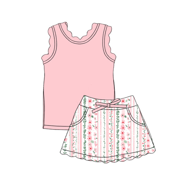 GSD3774 Preorder Baby Girl Light Pink Vest Colorful Floral Pockets Scallop Skirt Short Yoga Active Clothes Set