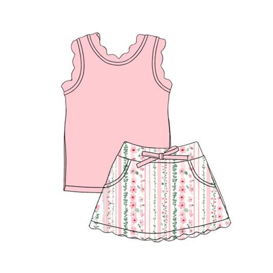 GSD3774 Preorder Baby Girl Light Pink Vest Colorful Floral Pockets Scallop Skirt Short Yoga Active Clothes Set