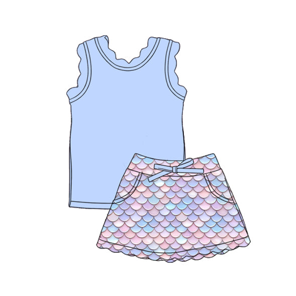 GSD3775 Preorder Baby Girl Blue Vest Colorful Floral Pockets Scallop Skirt Short Yoga Active Clothes Set