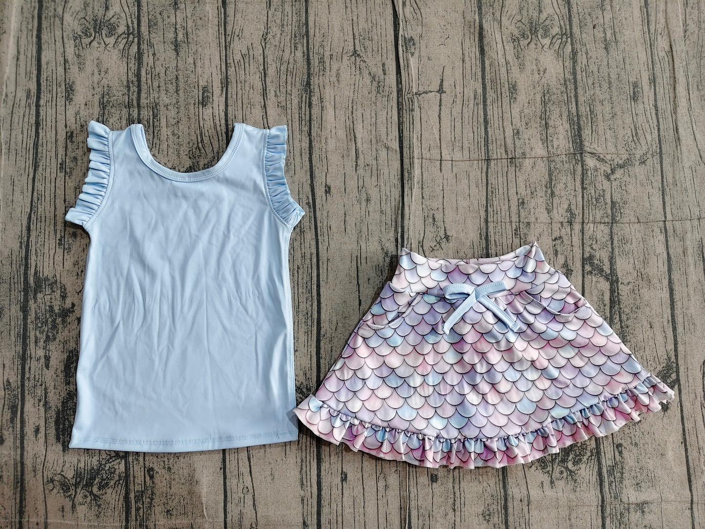 GSD3775 Preorder Sample Baby Girl Blue Vest Colorful Floral Pockets Scallop Skirt Short Yoga Active Clothes Set