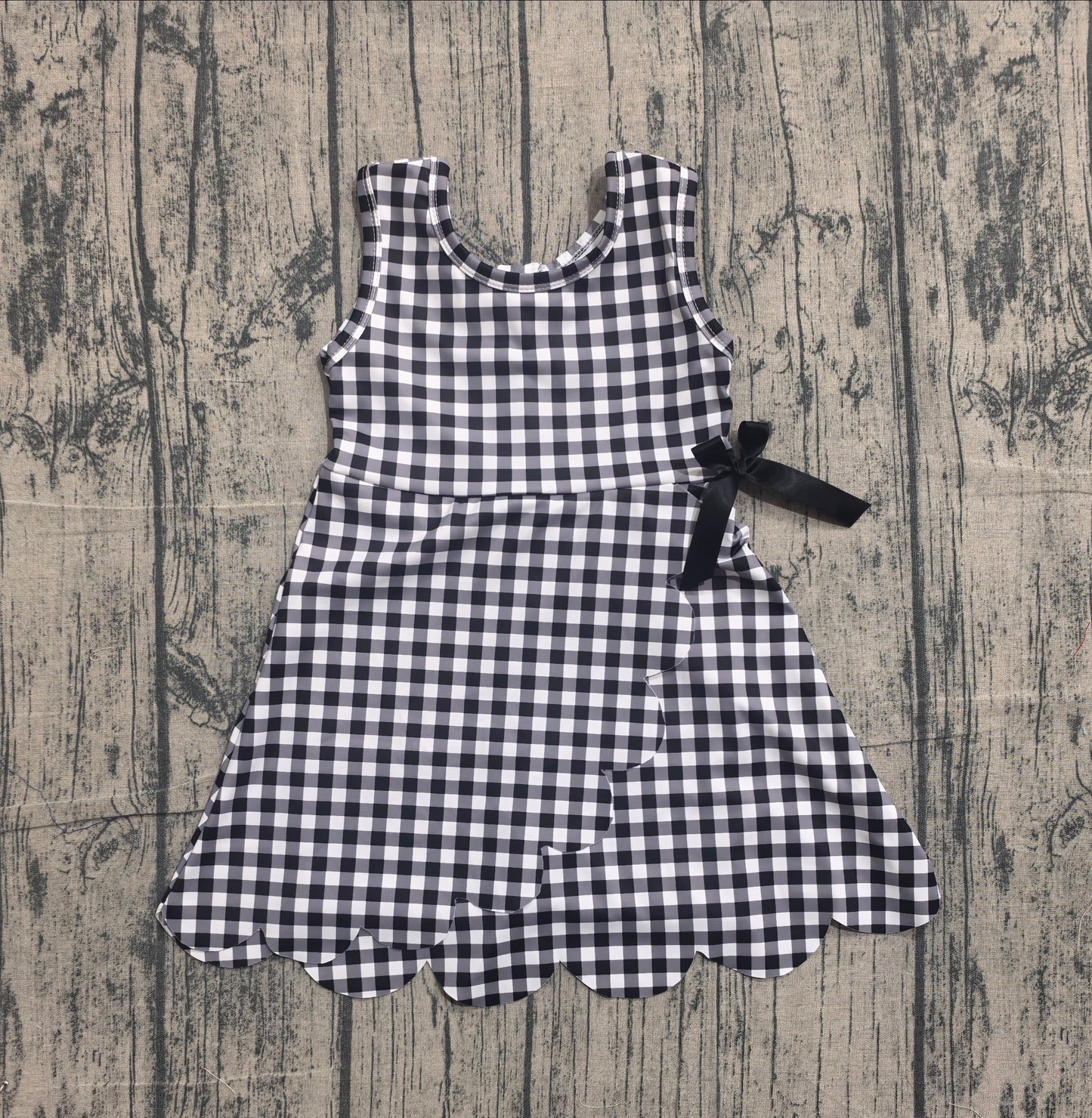 GSD3777 Preorder Sample Baby Girls Black Checked Sleeveless Yoga Active Scallop Shorts Knee Length Dresses