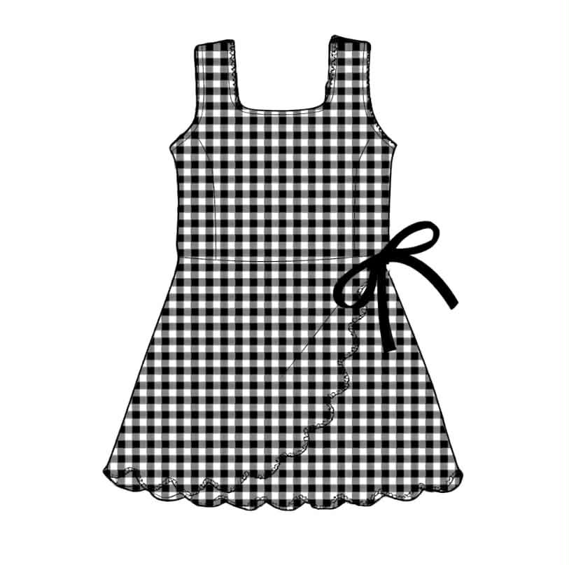 GSD3777 Preorder Baby Girl Black Checked Sleeveless Yoga Active Scallop Shorts Knee Length Dresses