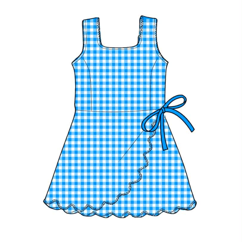 GSD3778 Preorder Baby Girl Blue Checked Sleeveless Yoga Active Scallop Shorts Knee Length Dresses