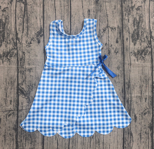 GSD3778 Preorder Sample Baby Girls Blue Checked Sleeveless Yoga Active Scallop Shorts Knee Length Dresses