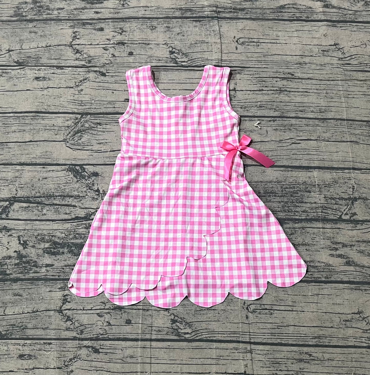 GSD3779 Preorder Sample Baby Girl Pink Checked Sleeveless Yoga Active Scallop Shorts Knee Length Dresses