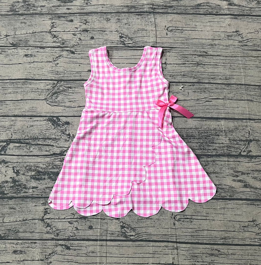 GSD3779 Preorder Sample Baby Girl Pink Checked Sleeveless Yoga Active Scallop Shorts Knee Length Dresses