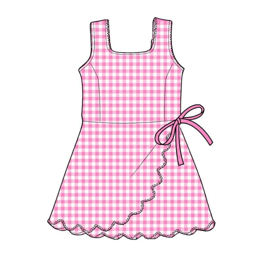 GSD3779 Preorder Baby Girl Pink Checked Sleeveless Yoga Active Scallop Shorts Knee Length Dresses