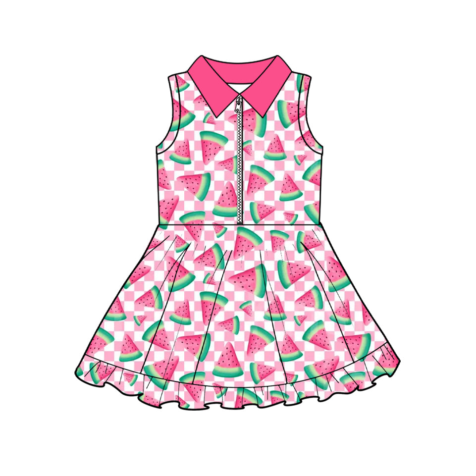 GSD3780 Preorder Baby Girl Sleeveless Pink Checked Watermelons Yoga Active Ruffle Knee Length Dresses