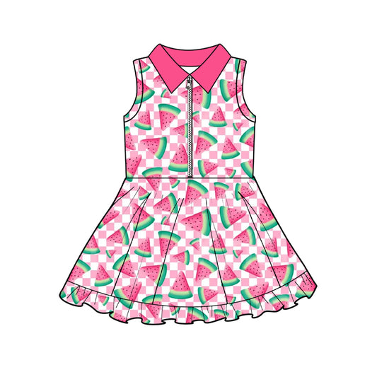 GSD3780 Preorder Baby Girl Sleeveless Pink Checked Watermelons Yoga Active Ruffle Knee Length Dresses