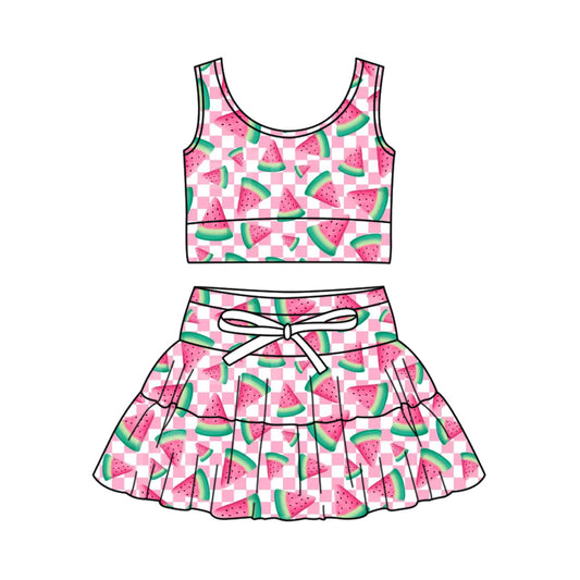 GSD3781 Preorder Baby Girl Pink Checked Watermelons Vests Skirt Short Yoga Active Clothes Set