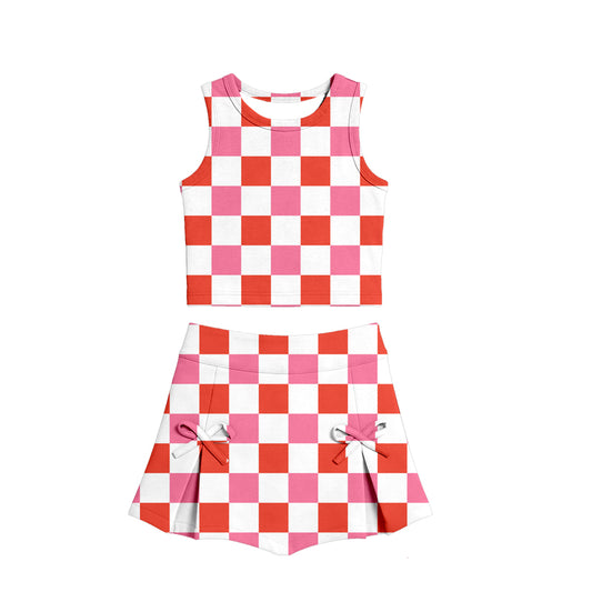 GSD3784 Preorder Baby Girl Peach Checked Vests Top Bows Skirt Short Yoga Active Clothes Set