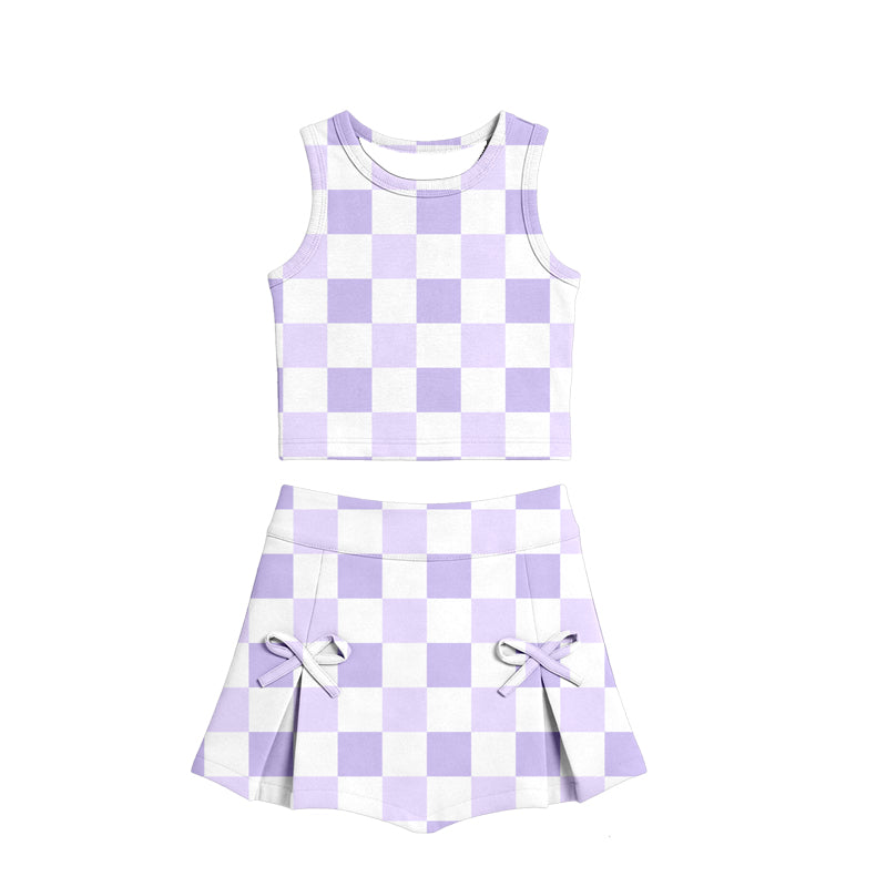 GSD3787 Preorder Baby Girl Lavender Checked Vests Top Bows Skirt Short Yoga Active Clothes Set