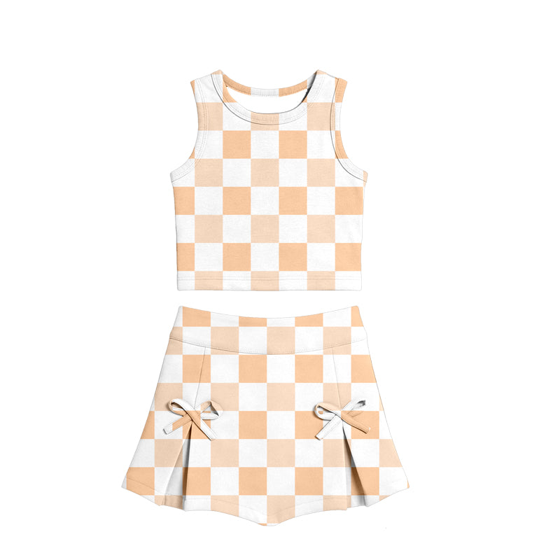 GSD3788 Preorder Baby Girls Orange Checked Vests Top Bows Skirt Short Yoga Active Clothes Set